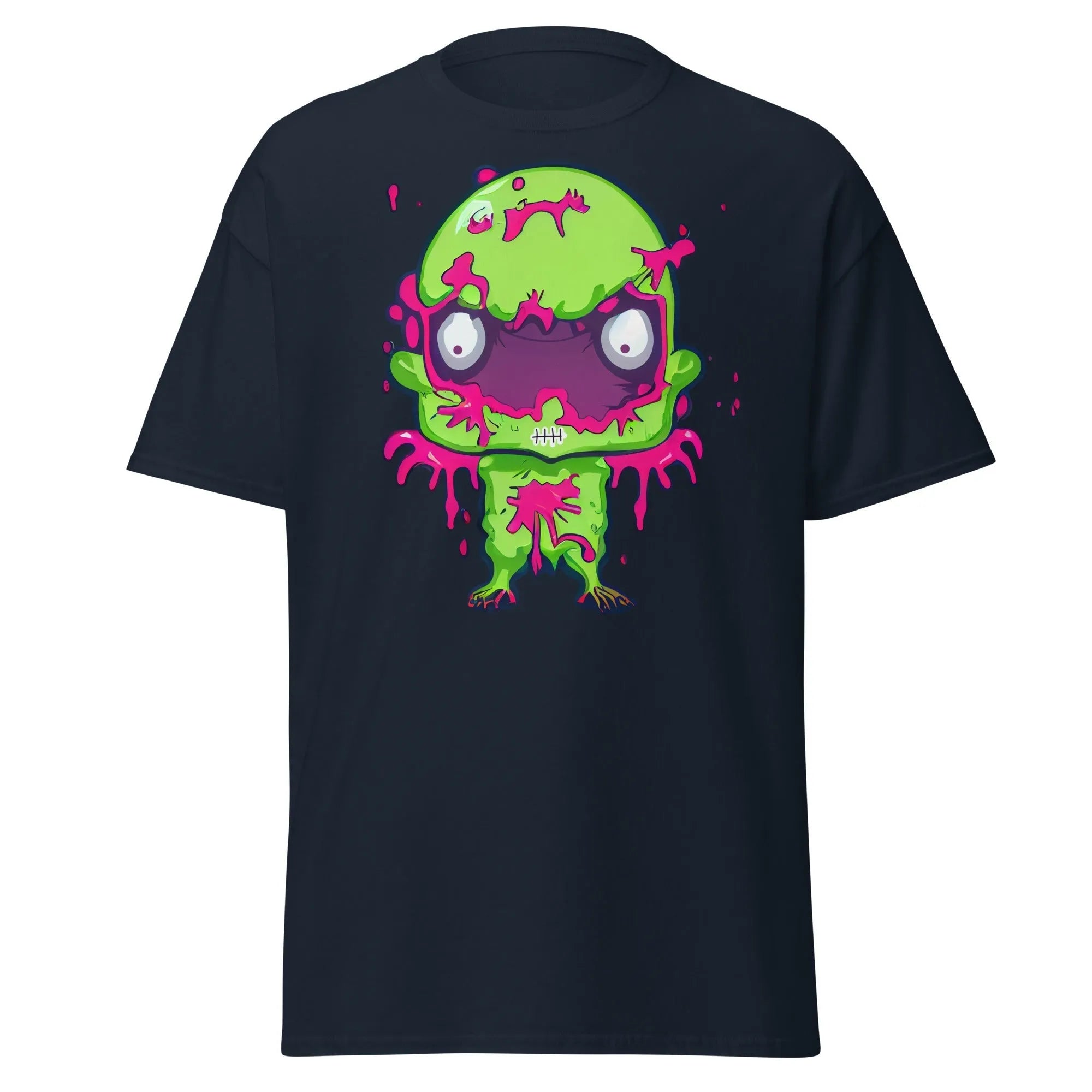 Slopster navy blue Halloween T-shirt featuring a green zombie with big eyes, and pink slime dripping from its head, arms, and body.