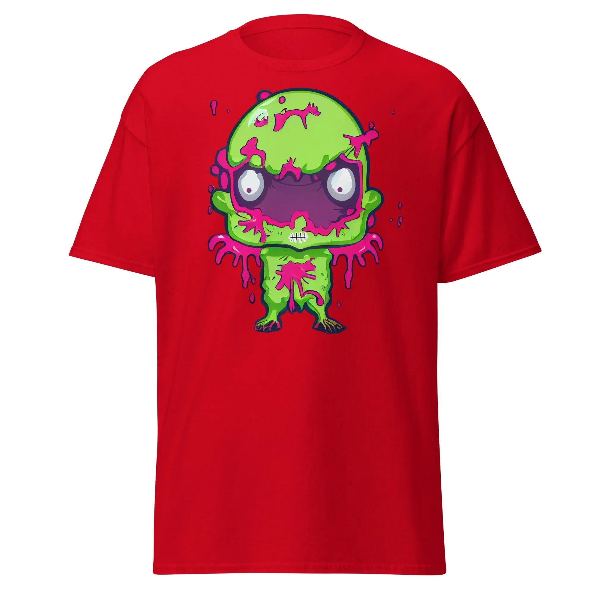 Slopster red Halloween T-shirt featuring a green zombie with big eyes, and pink slime dripping from its head, arms, and body.