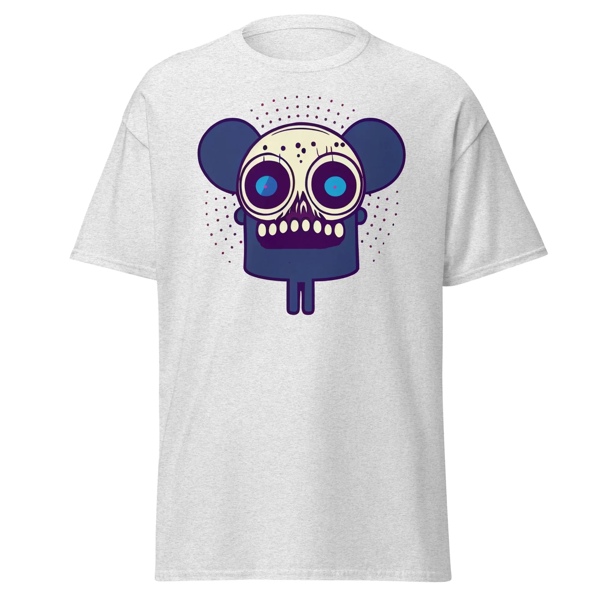 Spooky Mouse ash Halloween T-shirt featuring a zombie mouse with big ears and dotted patterns around the head.