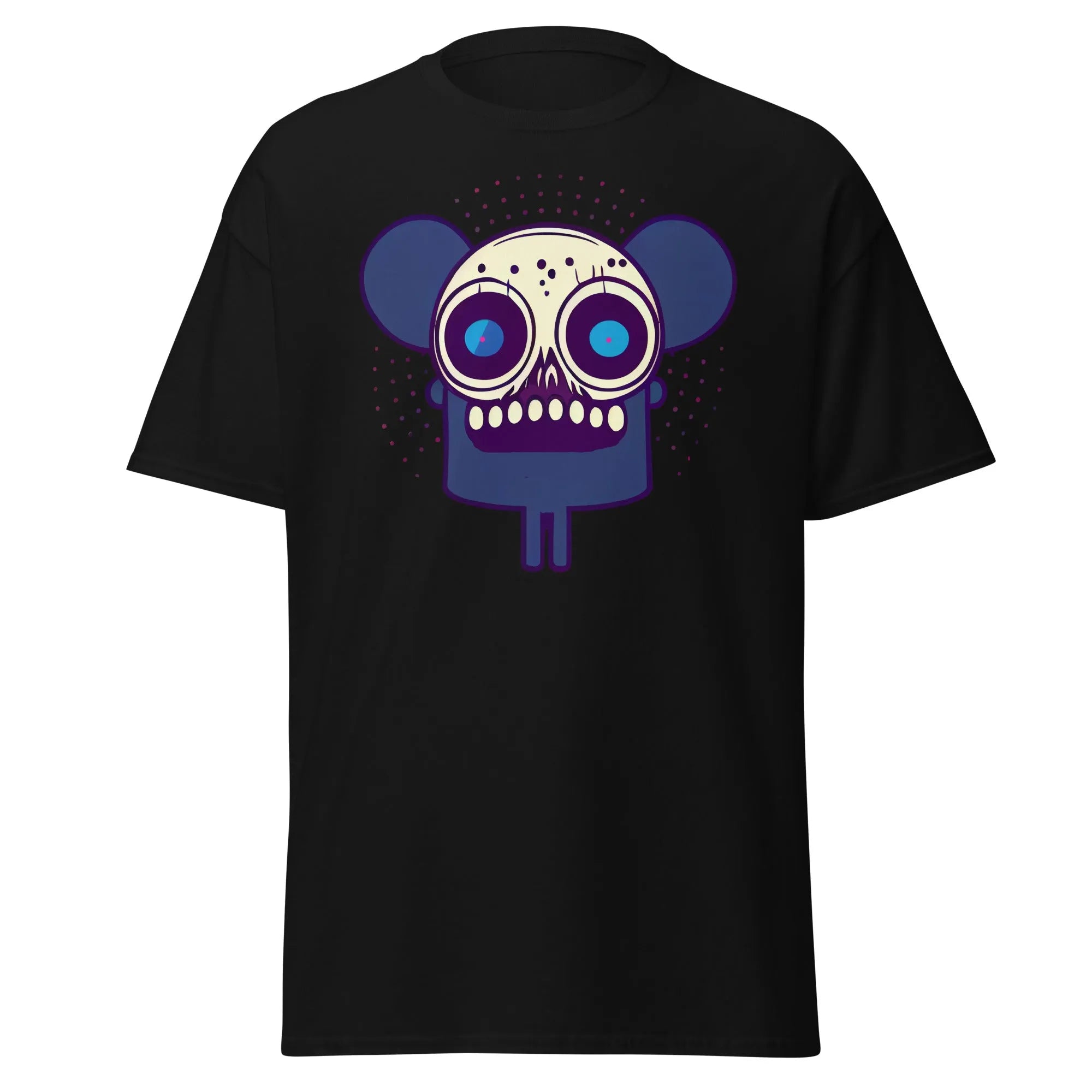 Spooky Mouse black Halloween T-shirt featuring a zombie mouse with big ears and dotted patterns around the head.