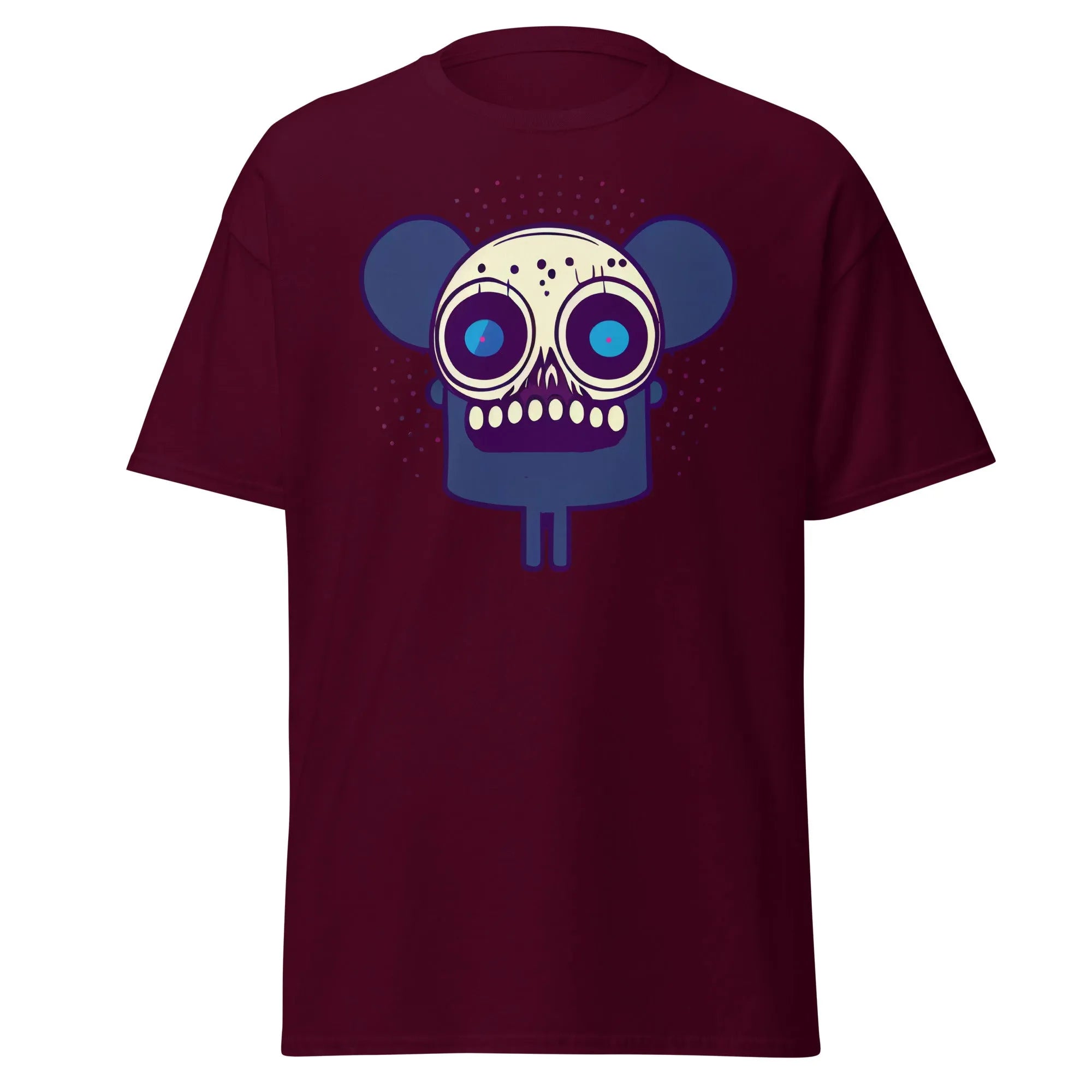 Spooky Mouse maroon Halloween T-shirt featuring a zombie mouse with big ears and dotted patterns around the head.