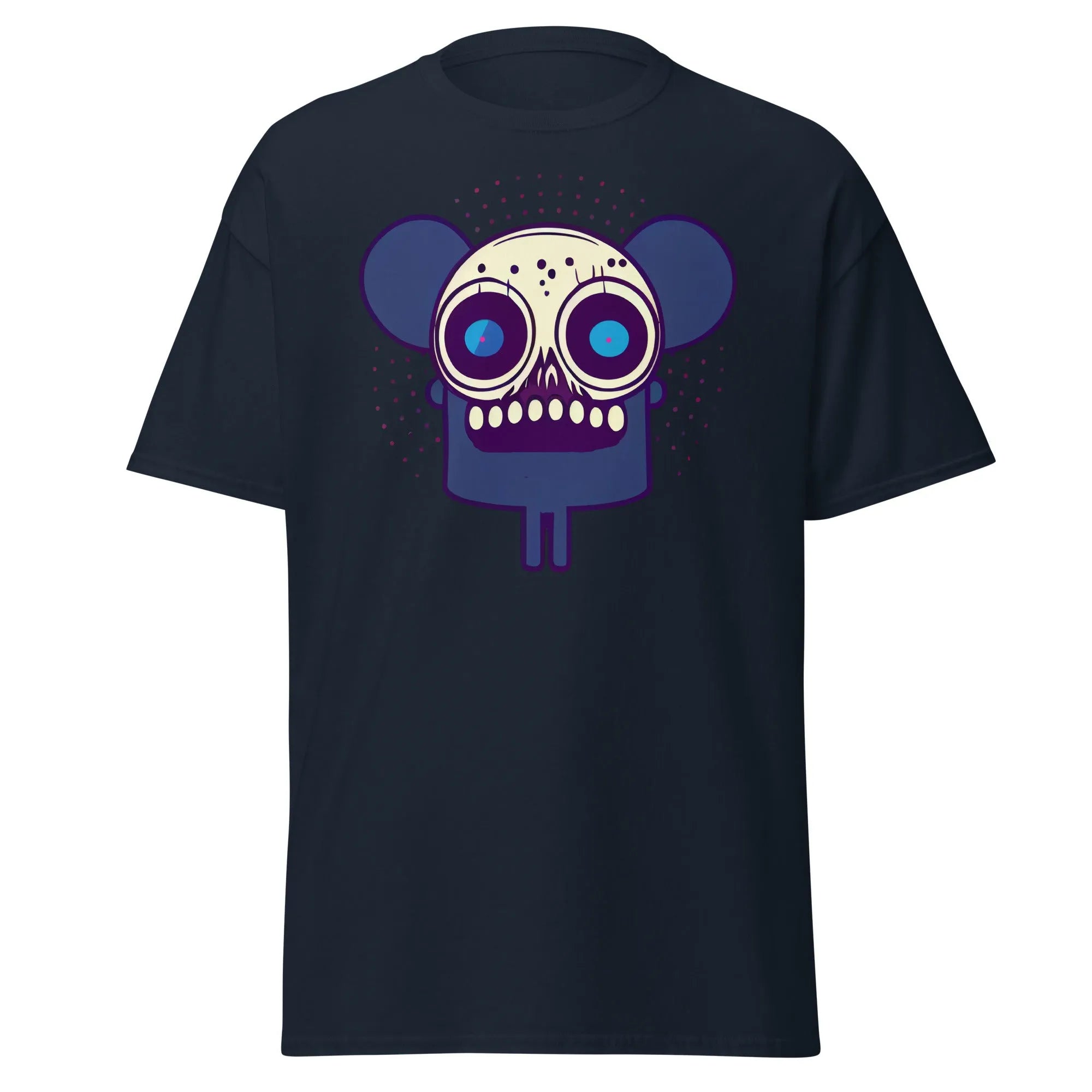 Spooky Mouse navy blue Halloween T-shirt featuring a zombie mouse with big ears and dotted patterns around the head.