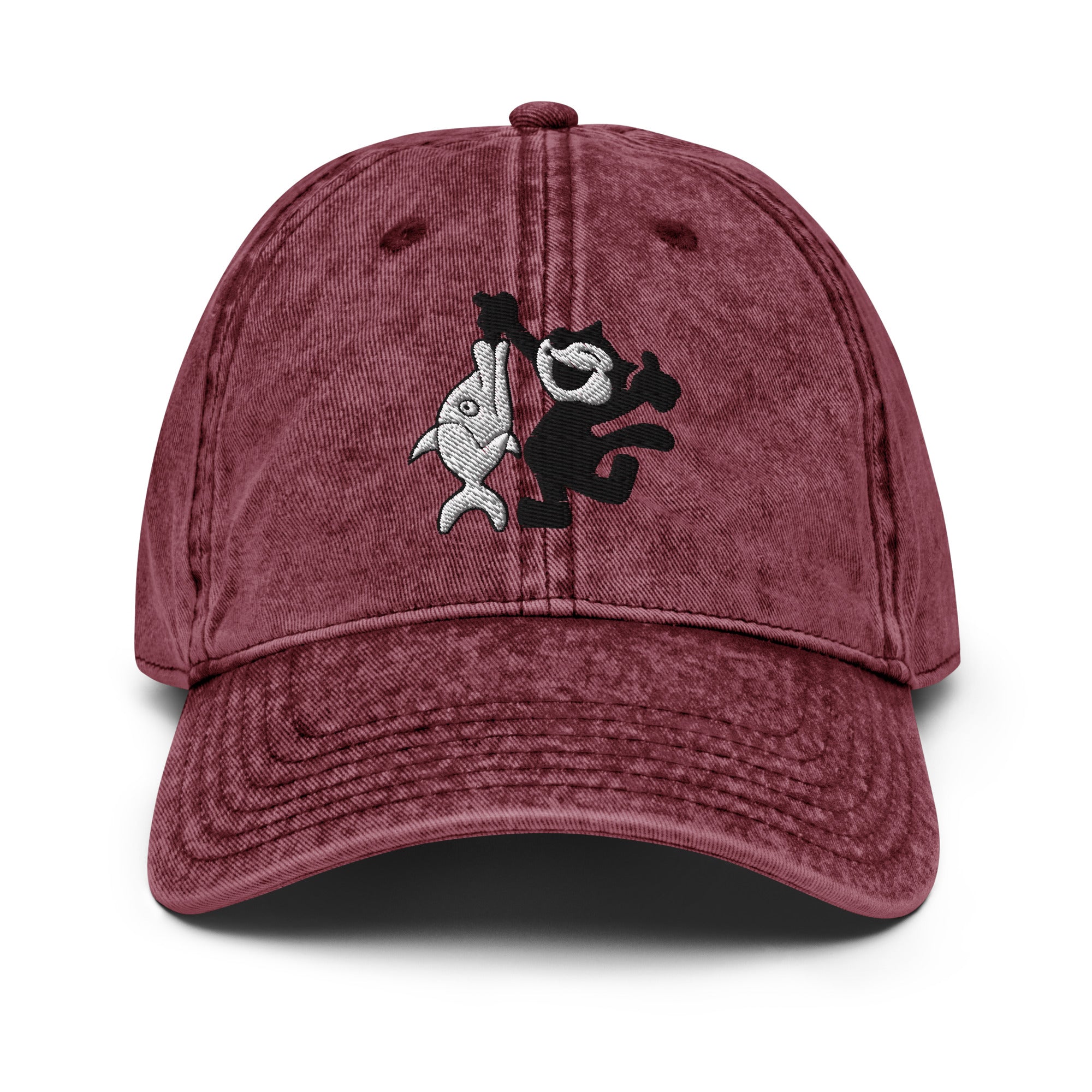 Maroon vintage baseball cap featuring a 1920 Felix the Cat design with a fish from Disney’s early animation era