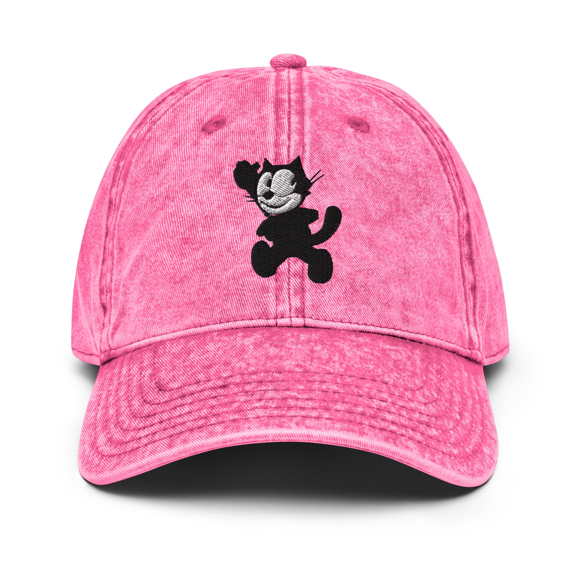 Pink vintage baseball cap featuring a 1920 Felix the Cat design from Disney’s early animation era