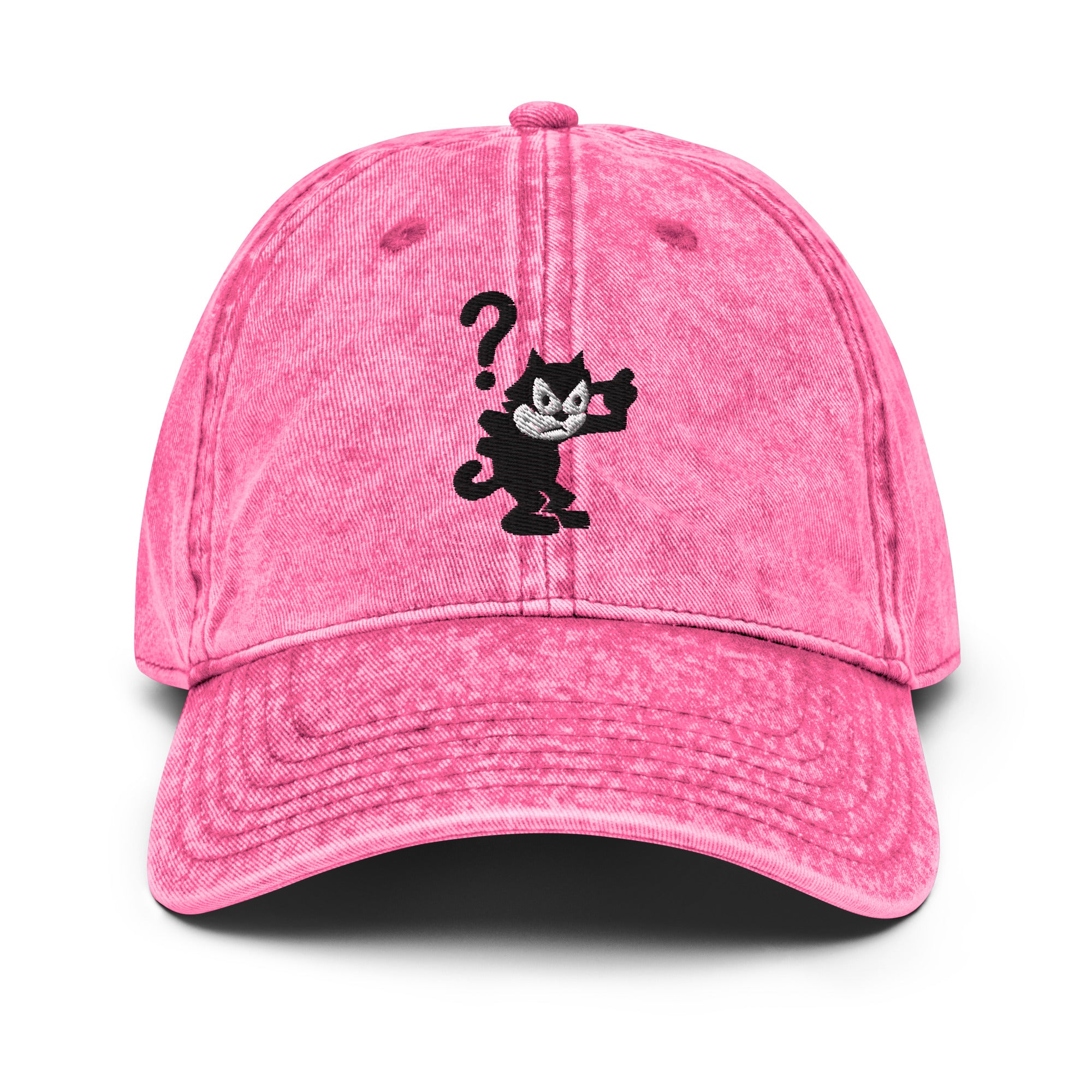 Pink vintage baseball cap featuring a 1920 Felix the Cat design with a question mark from Disney’s early animation era