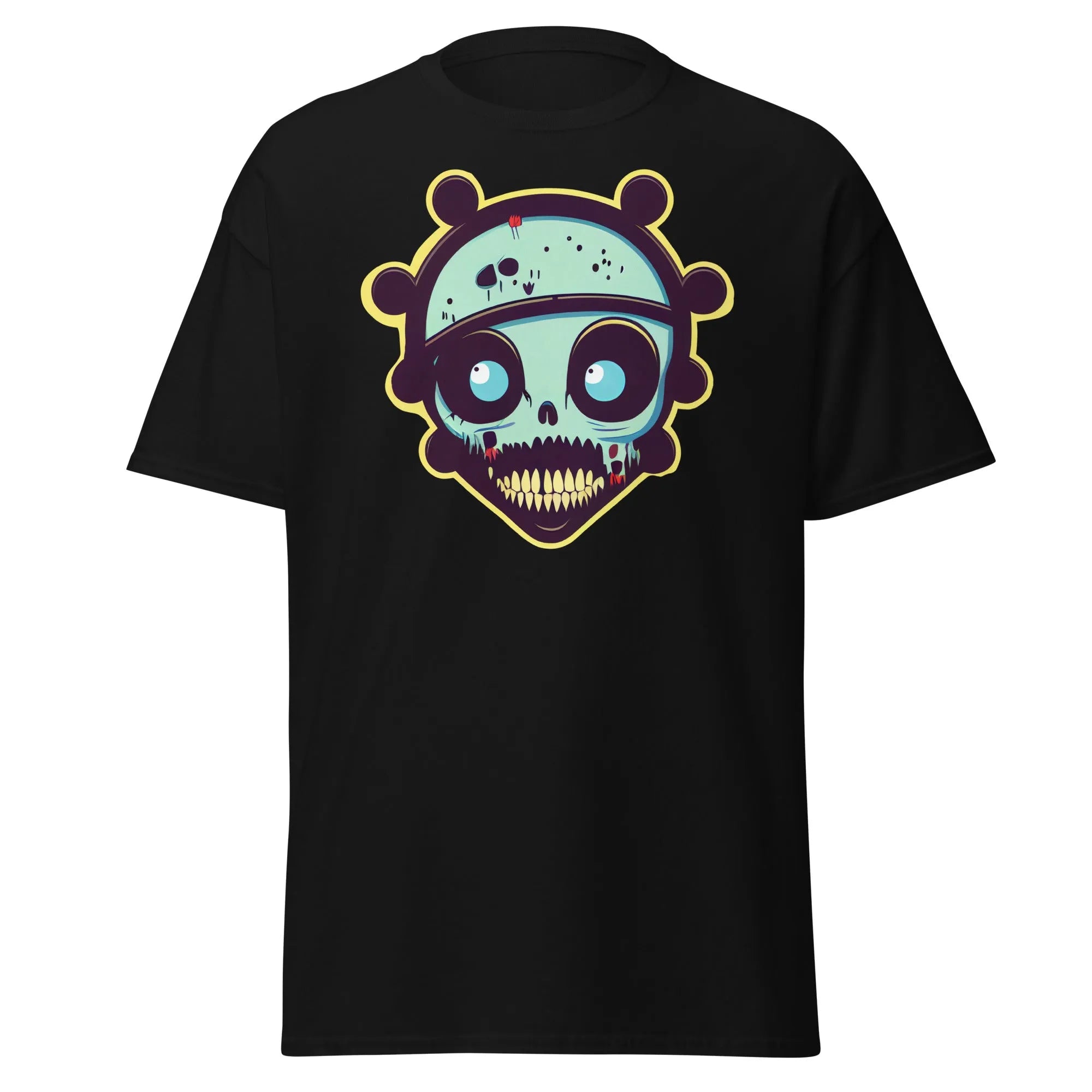 Voodoo Skull black Halloween T-shirt featuring a vibrant cartoon skull with big eyes and big teeth.
