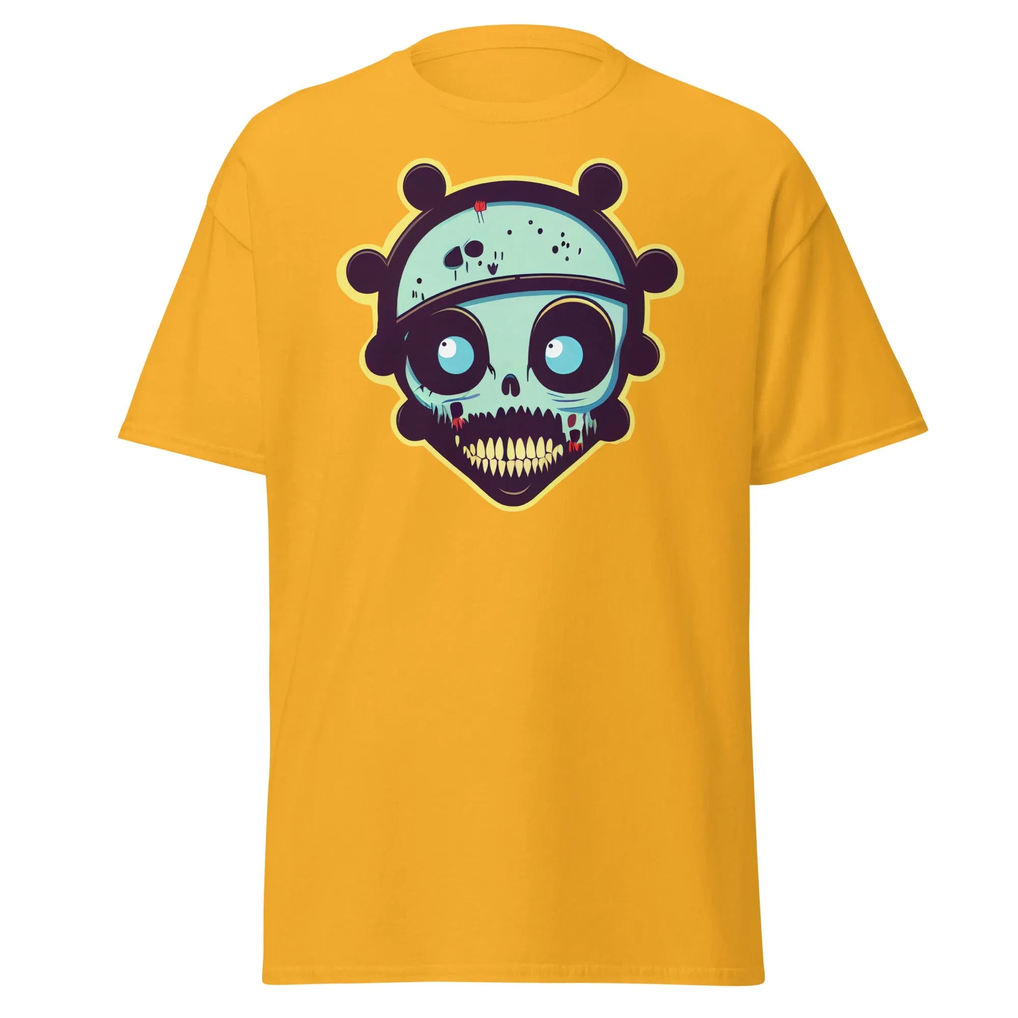 Voodoo Skull gold Halloween T-shirt featuring a vibrant cartoon skull with big eyes and big teeth.