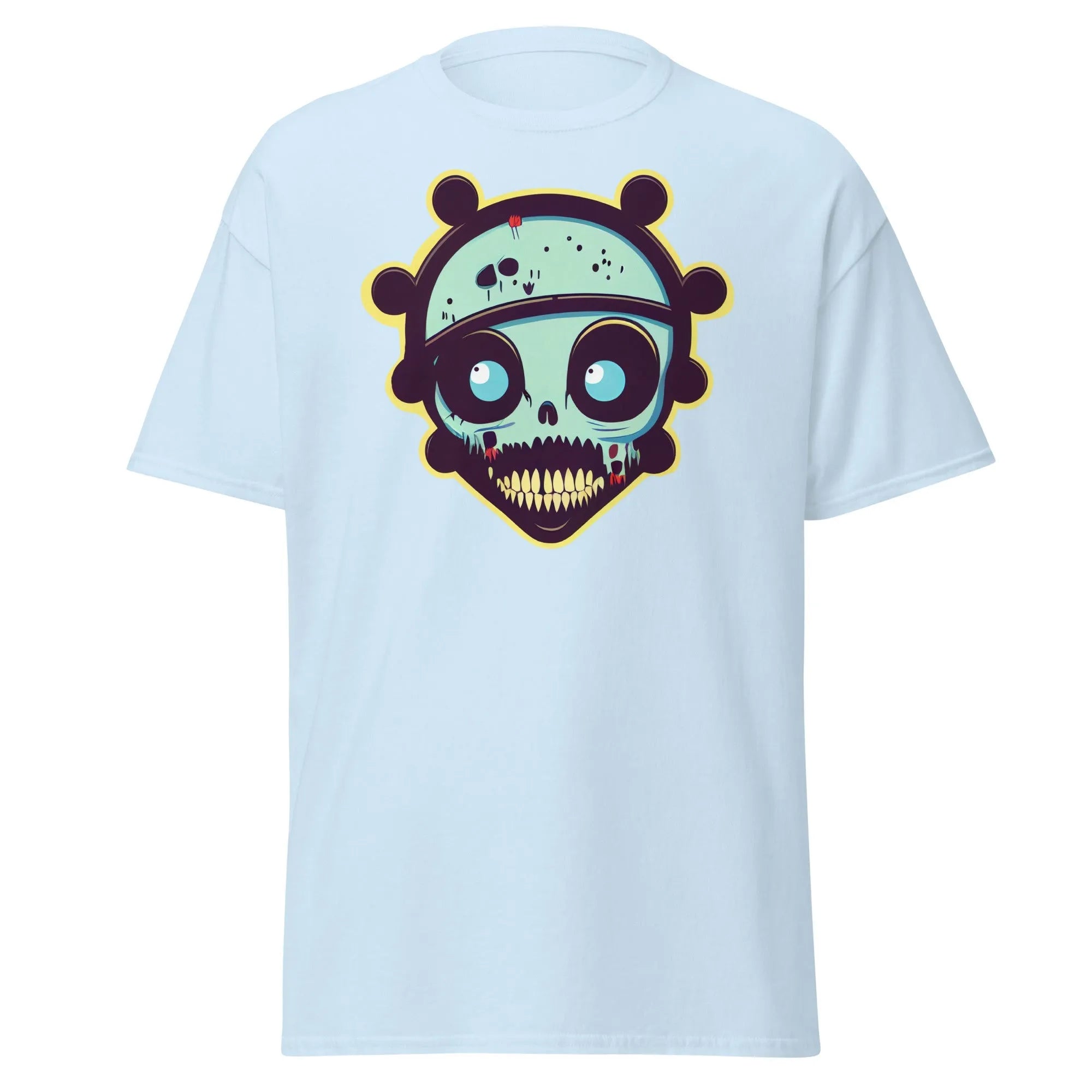 Voodoo Skull light blue Halloween T-shirt featuring a vibrant cartoon skull with big eyes and big teeth.