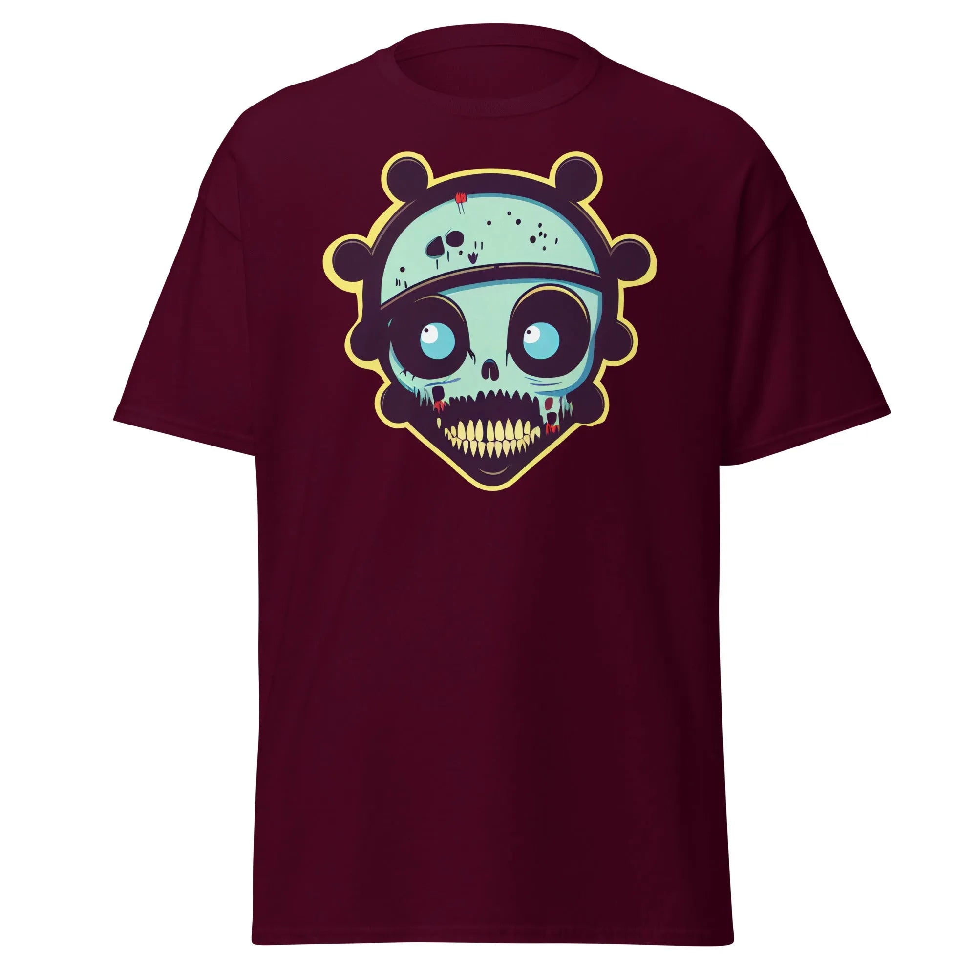 Voodoo Skull maroon Halloween T-shirt featuring a vibrant cartoon skull with big eyes and big teeth.