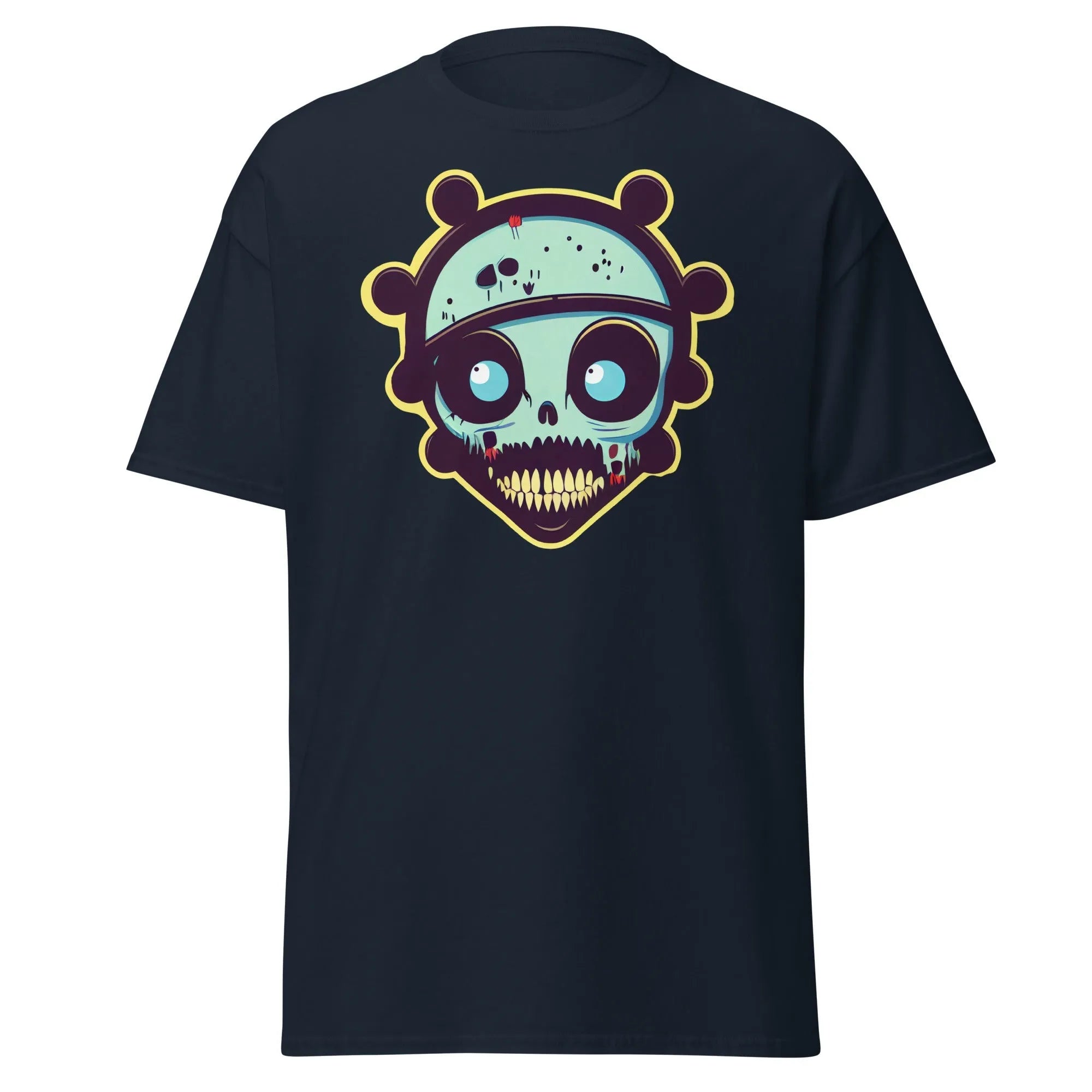 Voodoo Skull navy blue Halloween T-shirt featuring a vibrant cartoon skull with big eyes and big teeth.
