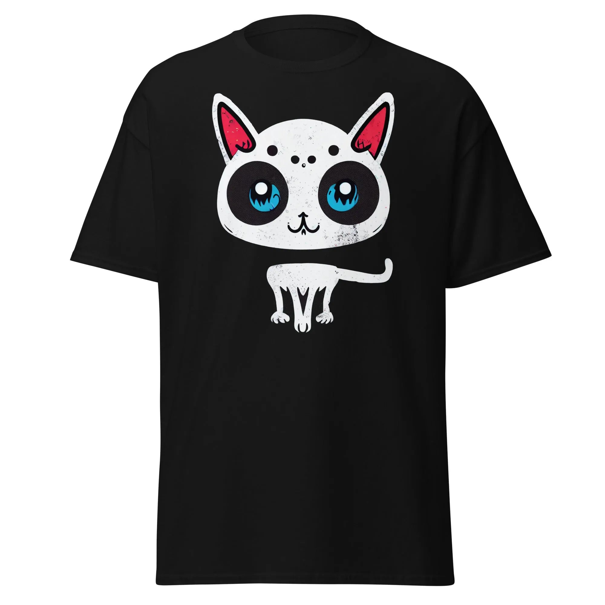 White Cat black Halloween T-shirt featuring a cartoon cat with blue eyes, pink ears, and black spots.