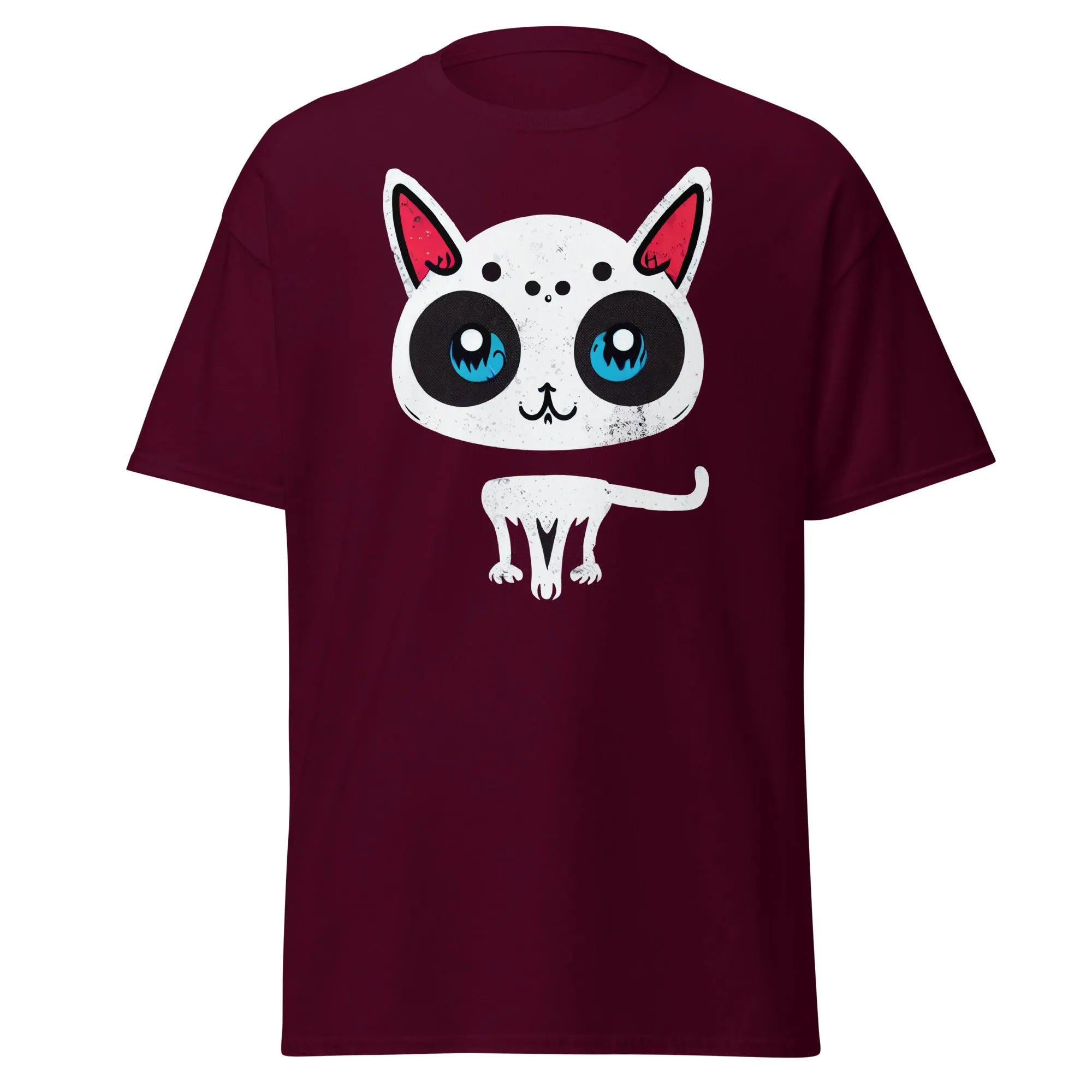 White Cat maroon Halloween T-shirt featuring a cartoon cat with blue eyes, pink ears, and black spots.