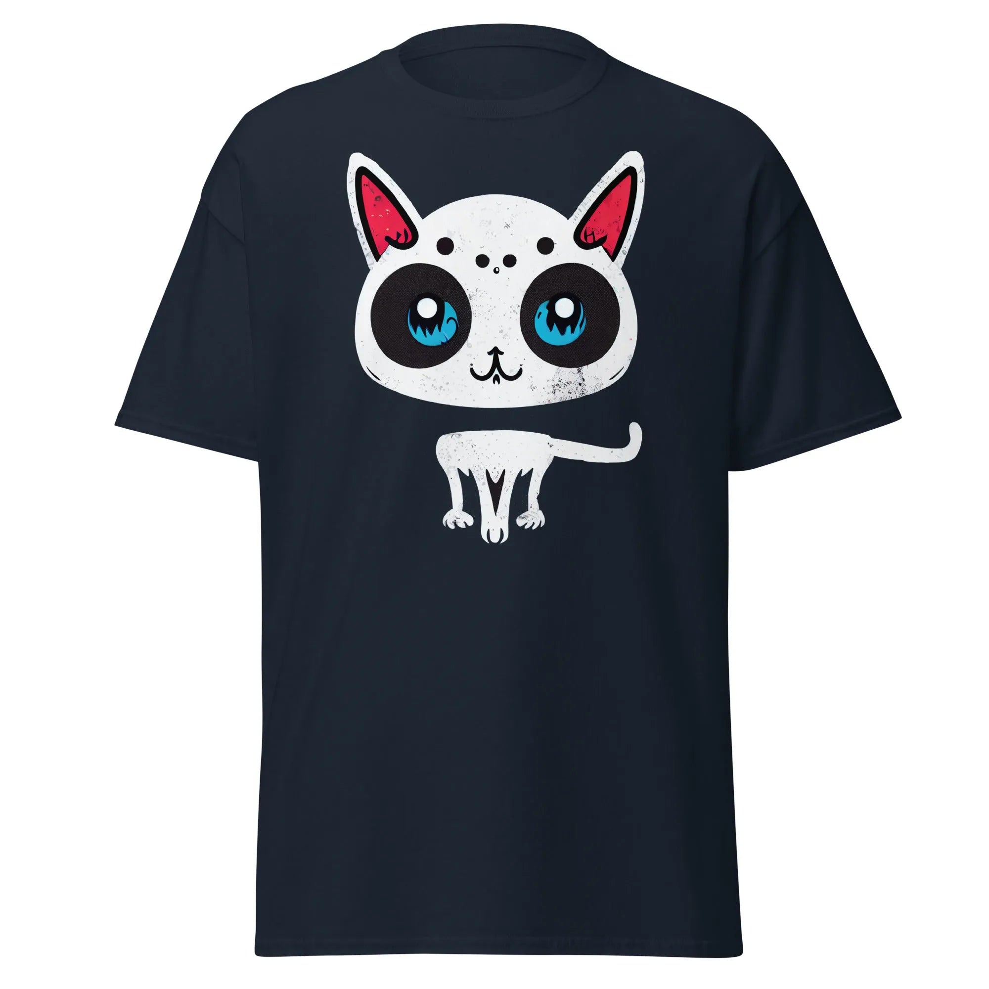 White Cat navy blue Halloween T-shirt featuring a cartoon cat with blue eyes, pink ears, and black spots.