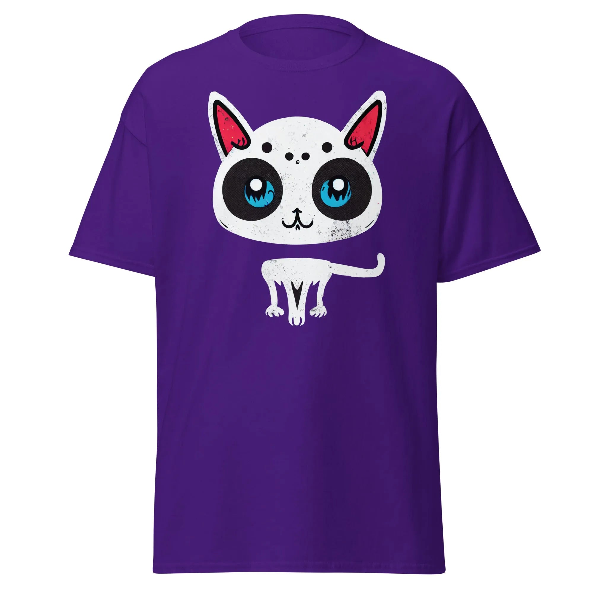 White Cat purple Halloween T-shirt featuring a cartoon cat with blue eyes, pink ears, and black spots.