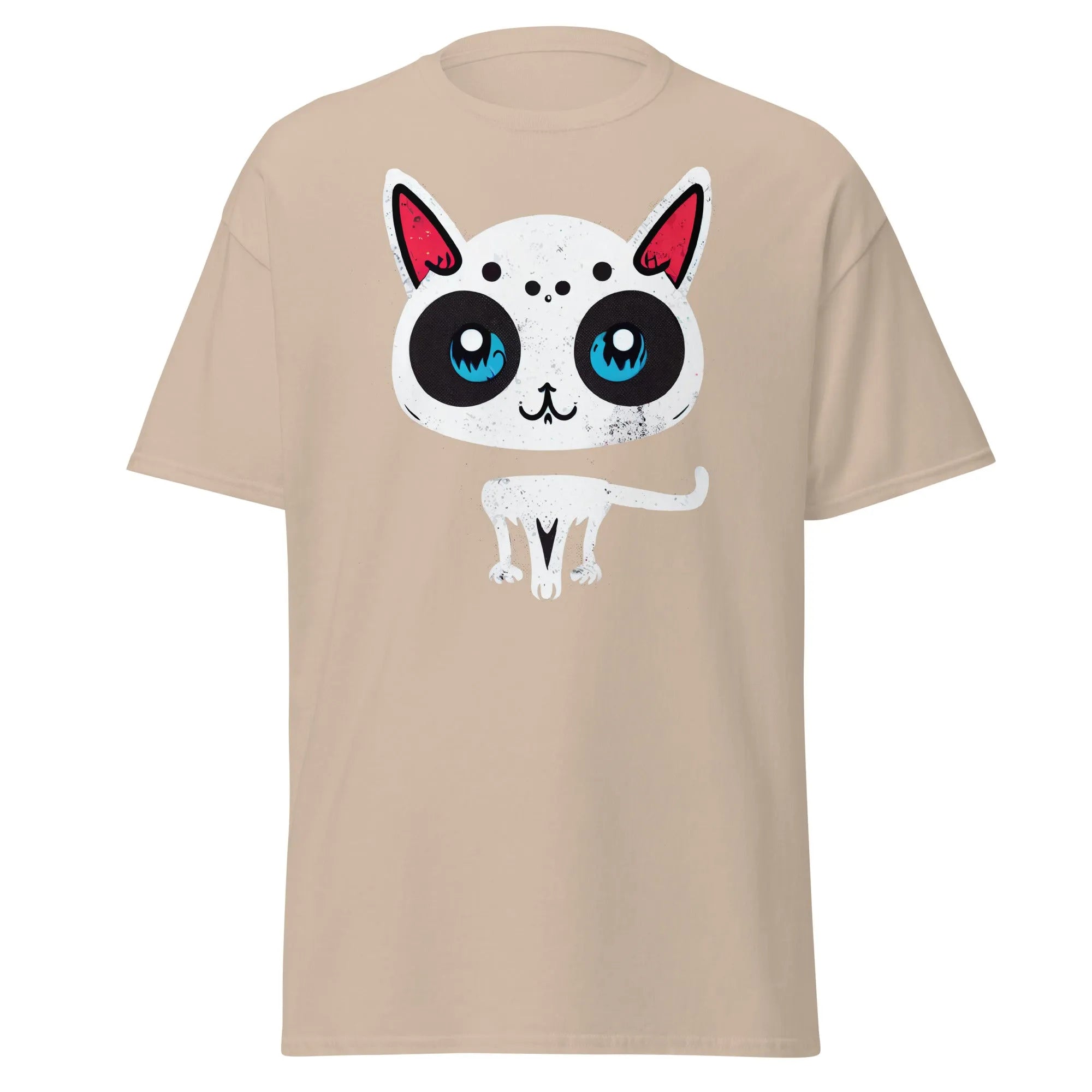 White Cat sand Halloween T-shirt featuring a cartoon cat with blue eyes, pink ears, and black spots.