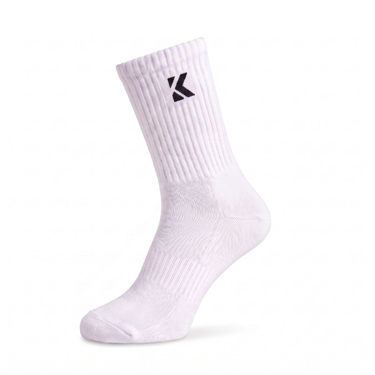 White crew sock front view featuring a cushioned sole and ribbed crew leg