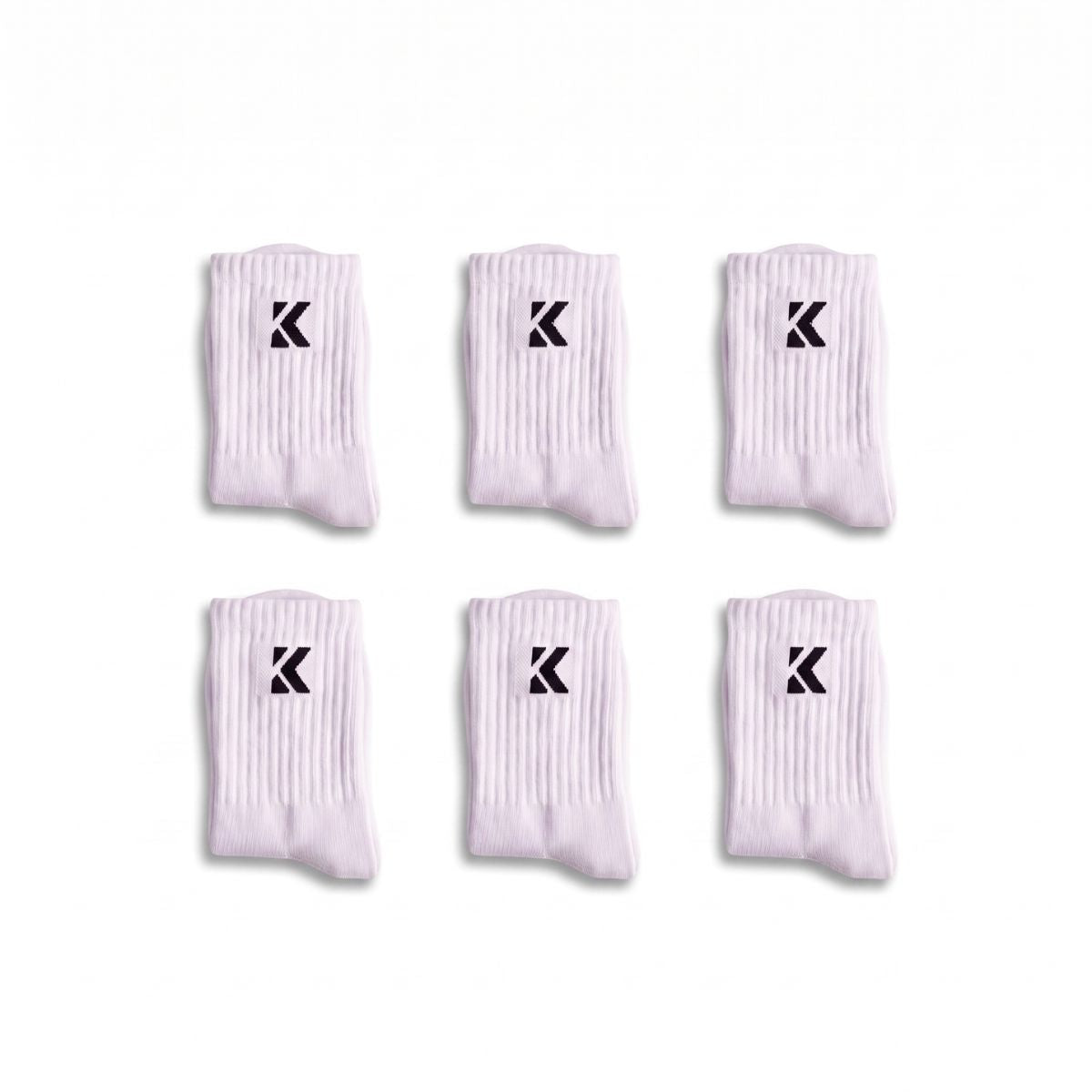 White crew socks 6 pack with cushioned soles, arch support and breathable knit.