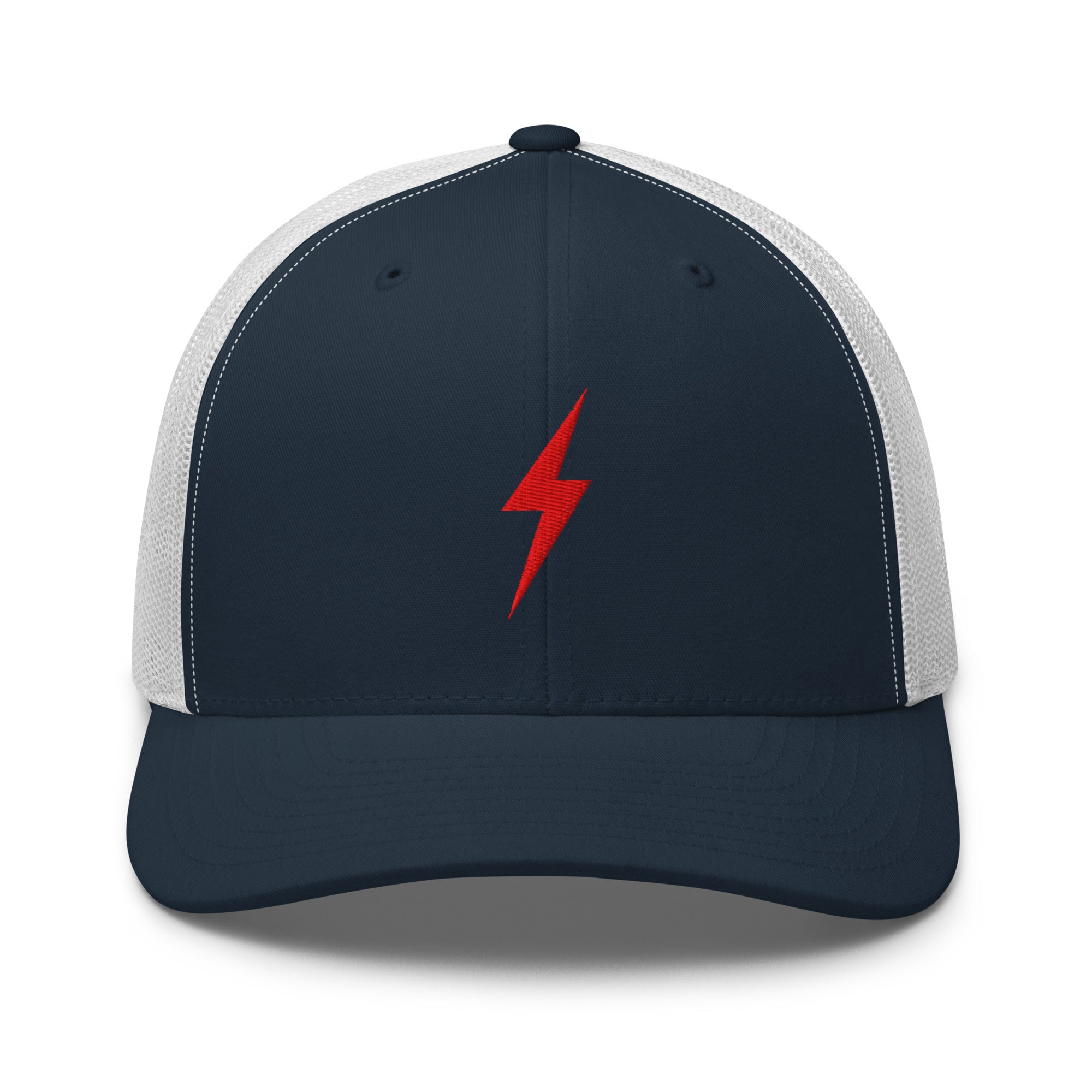 White and navy trucker hat with an embroidered red lightning bolt design on the front panel