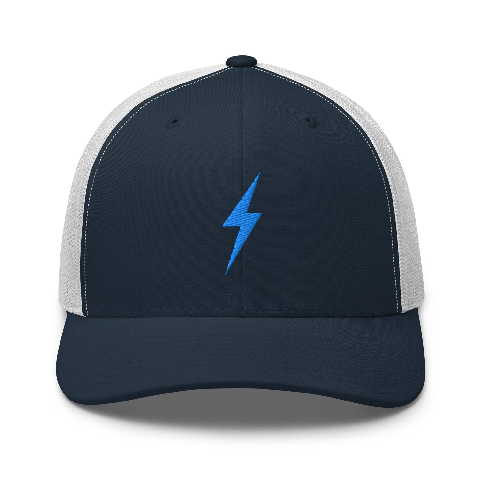 White and navy trucker hat with an embroidered sky blue lightning bolt design on the front panel 