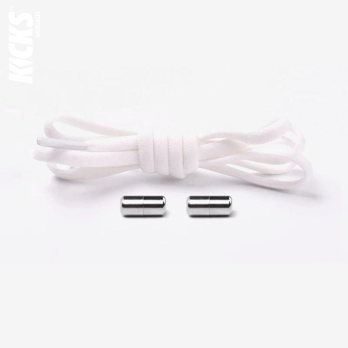 White oval no-tie elastic shoelaces with capsule lock system by Kicks Shoelaces