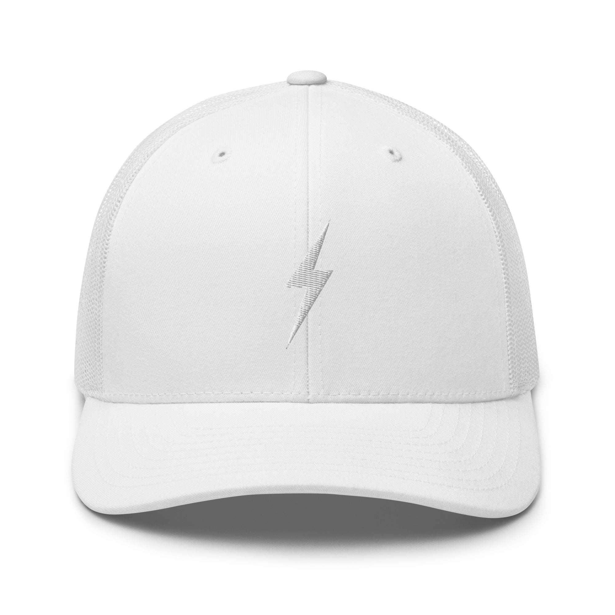 White trucker hat with a white lightning bolt design on front panel