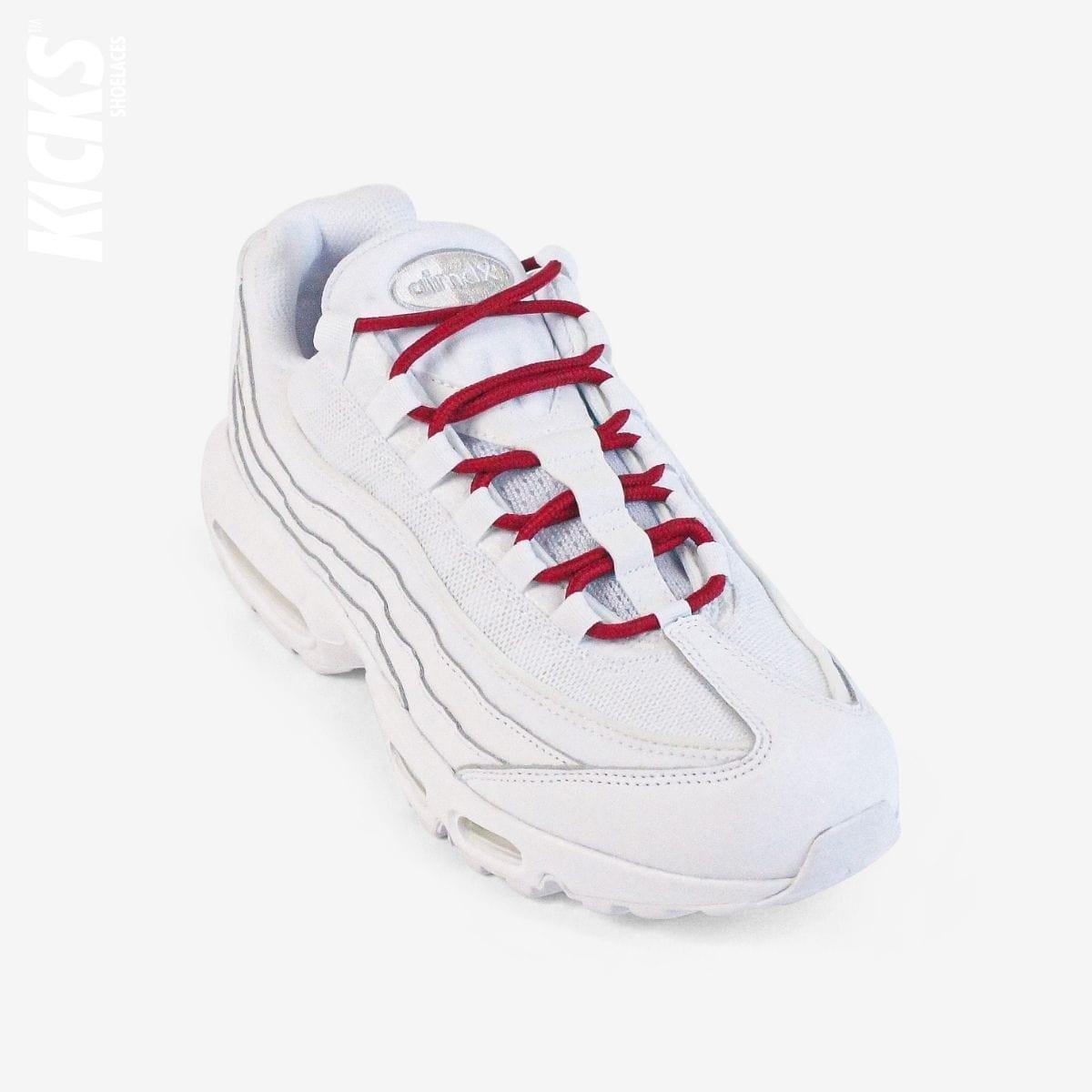 Wine red round shoestrings on white sneakers by Kicks Shoelaces