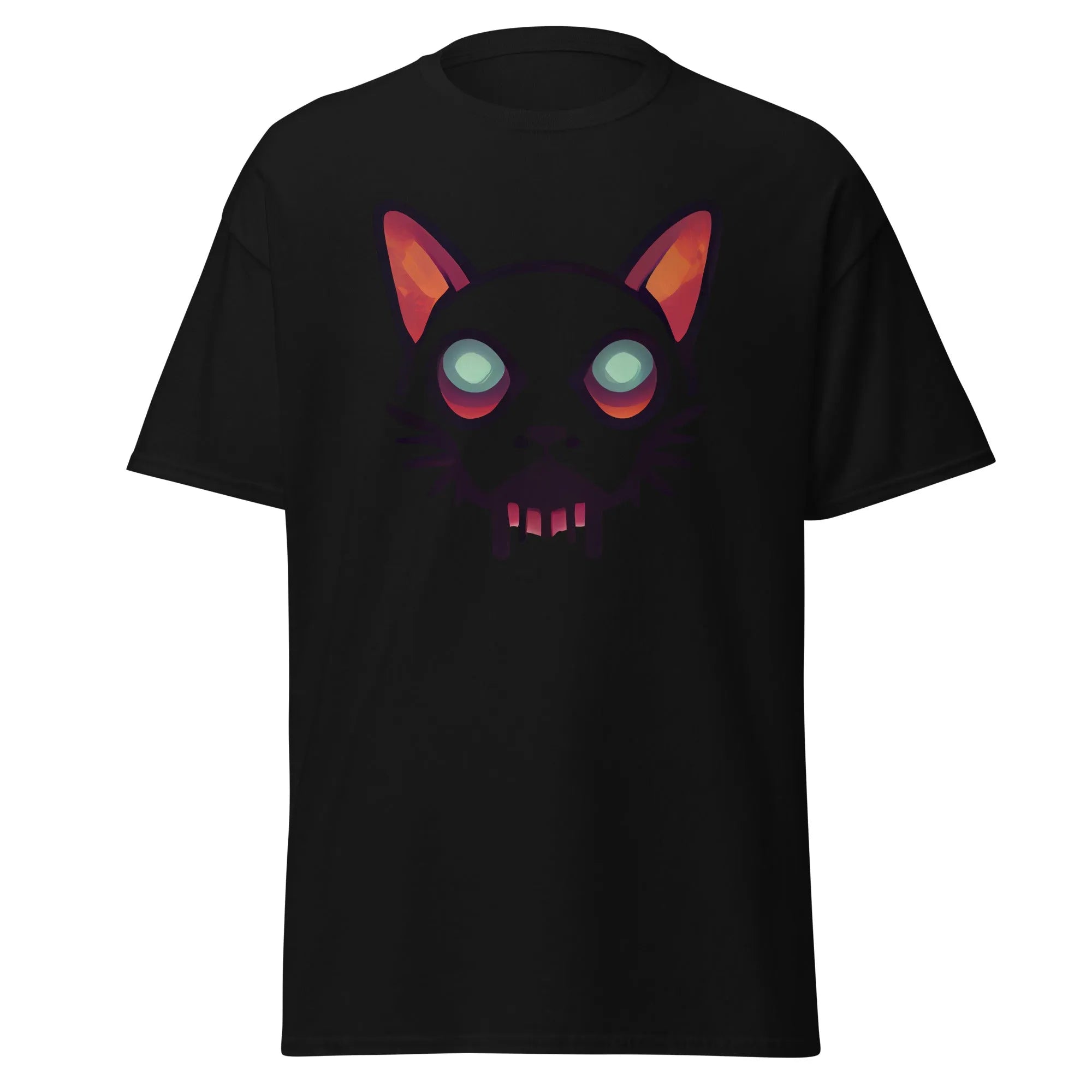 Zombicat black Halloween T-shirt featuring a boldcat face with big eyes and a dripping effect for an eerie look.