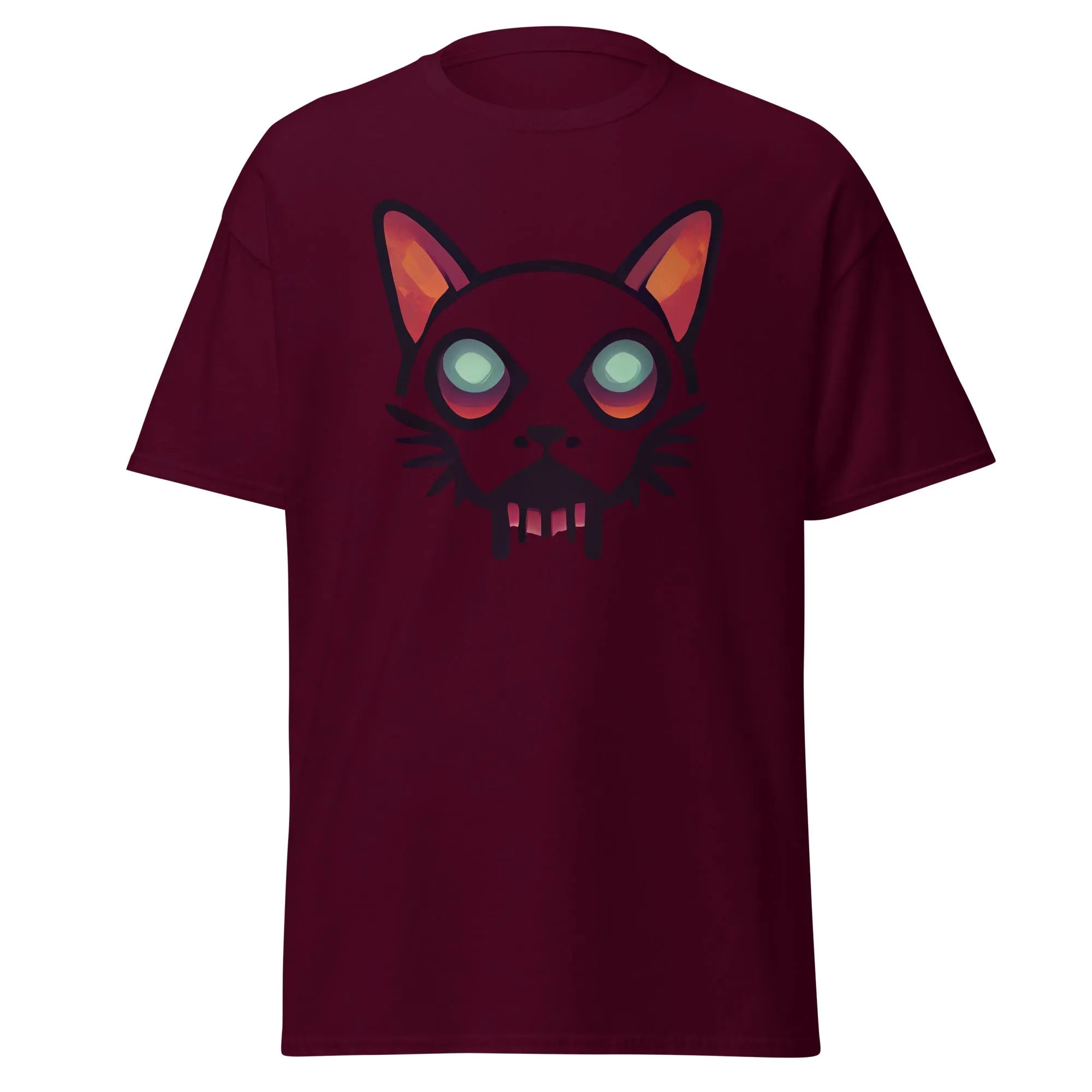 Zombicat maroon Halloween T-shirt featuring a boldcat face with big eyes and a dripping effect for an eerie look.