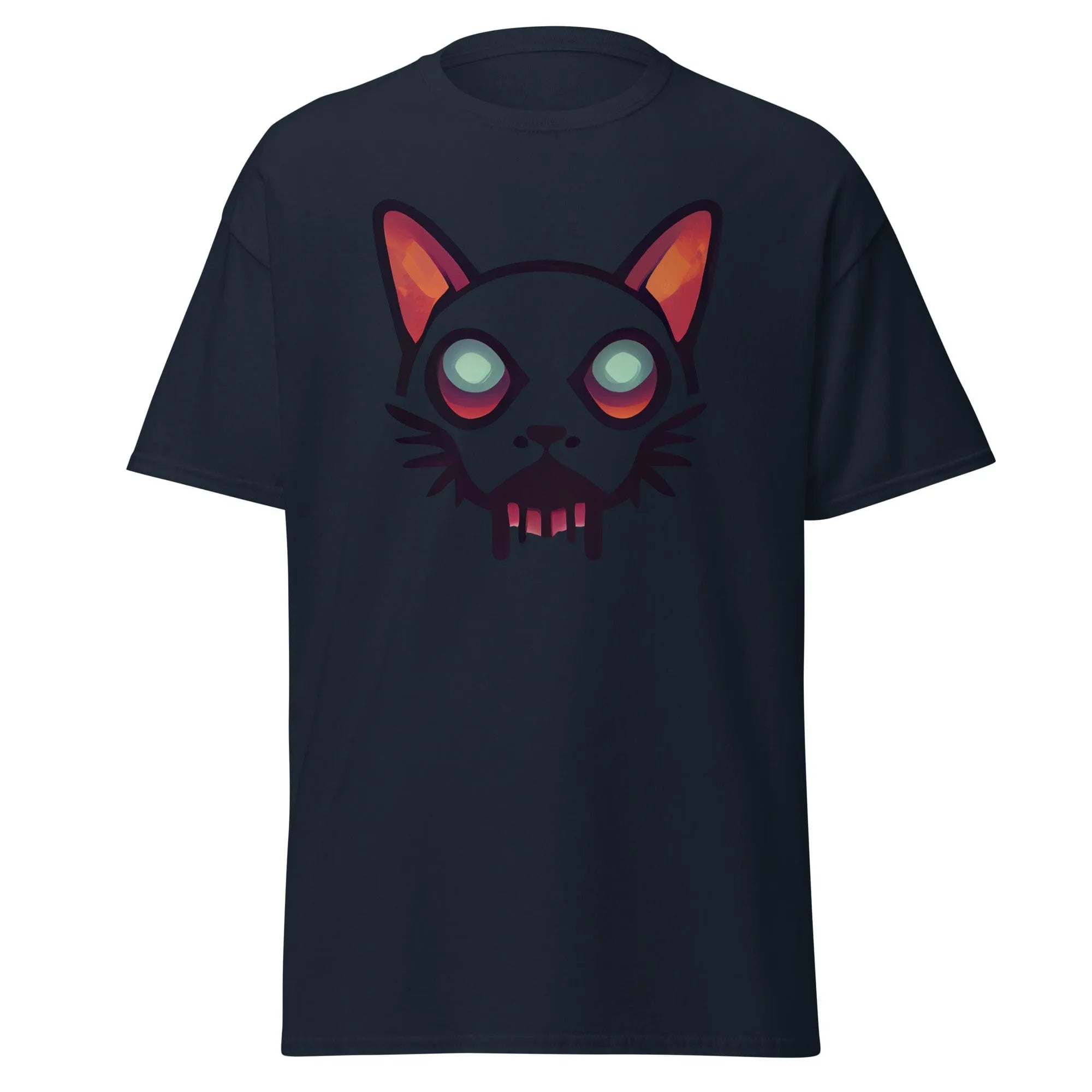 Zombicat navy blue Halloween T-shirt featuring a boldcat face with big eyes and a dripping effect for an eerie look.