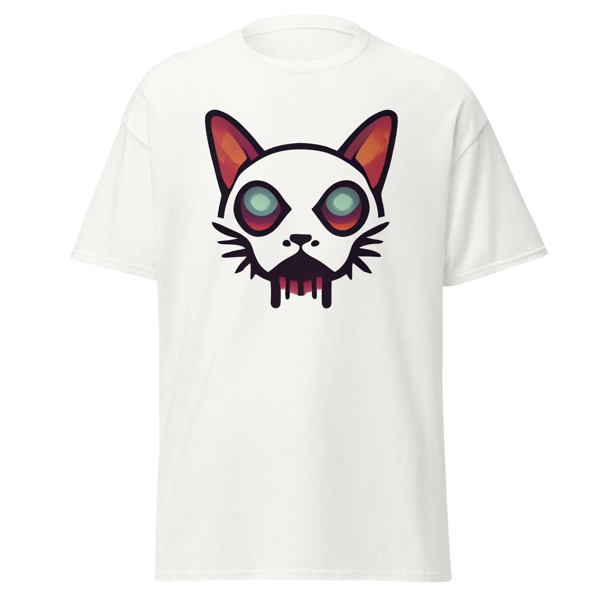 Zombicat white Halloween T-shirt featuring a boldcat face with big eyes and a dripping effect for an eerie look.